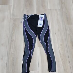CW-X Women's Black and Gray Swim Leggings with Purple Accents